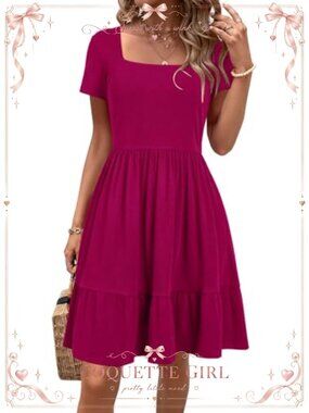 Womens Summer Midi Dress Short Sleeve Square Neck Ruffle A-Line Sundress Pockets